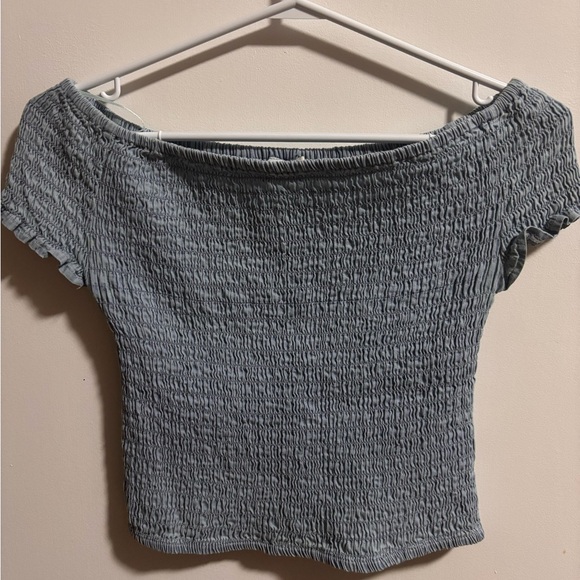 Blue Ribbed Off The Shoulder Top - Picture 3 of 3